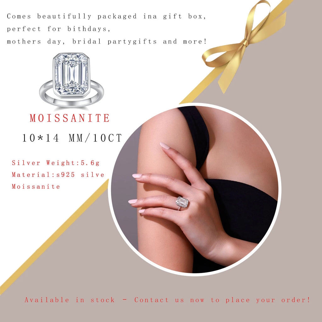 10CTW Moissanite Ring 925 Sterling Silver Emerald Cut Budget Friendly Statement Style Jewelry for Women