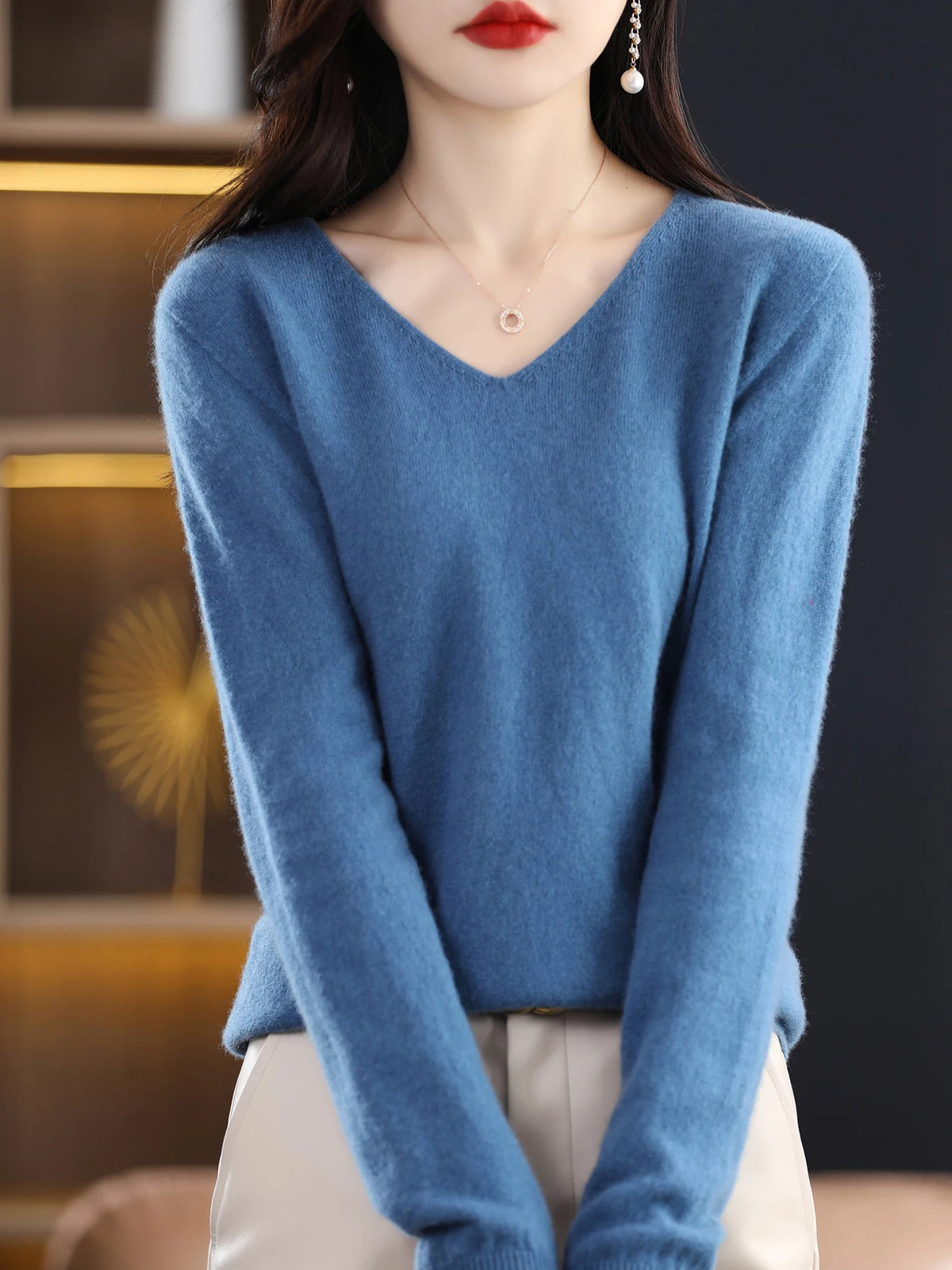 Sweater for Women 100% Merino Wool V Neck Sweater Fall Winter Basic Warm Pullovers Long Sleeve Soft Knit Jumpers Female Clothing