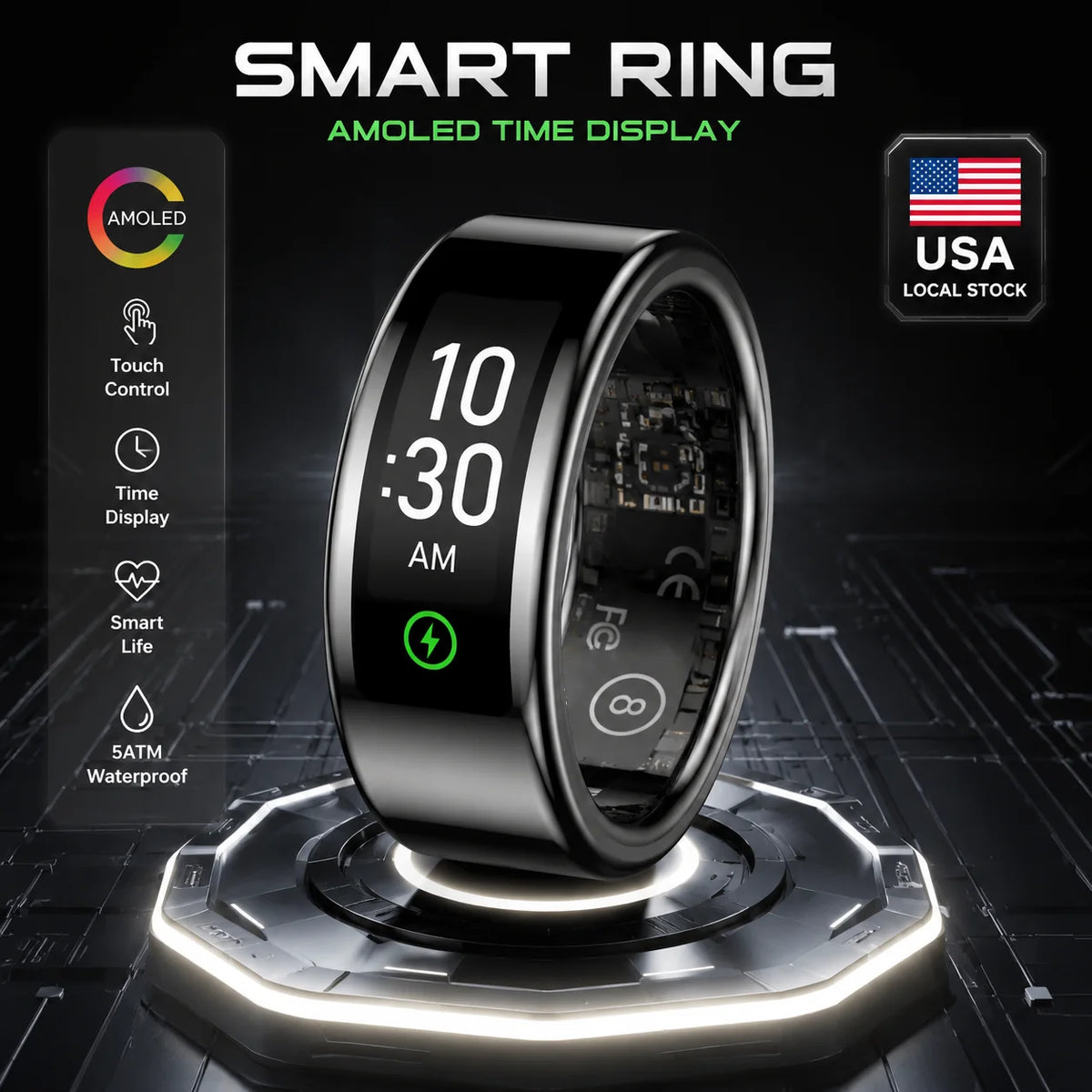 Amoled Screen Smart Ring Display Time Heart Rate Monitoring Blood Preasure Waterproof New SmartRing GPS Tracker Step Counter Control take photo Rings