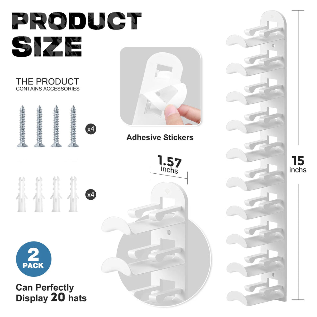Hat Racks for Baseball Caps, Versatile Adhesive or Wall-Drilled Mounting Hat Rack for Wall, MultiLayer Hat Storage, Durable Plas