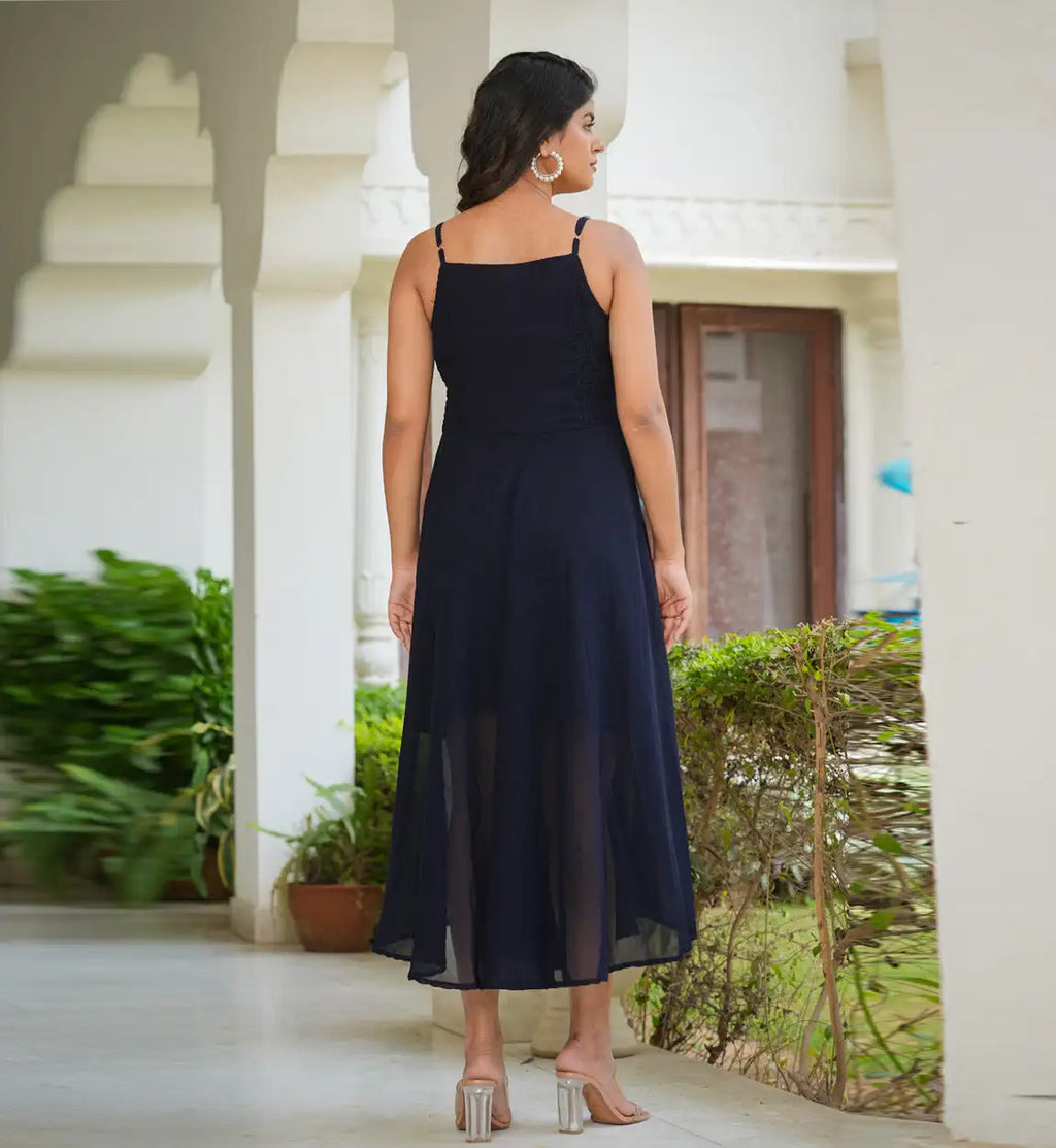 Blue solid smoking embroidered georgette a-line dress women with sleeveless design and square neck crafted soft flowing fabric