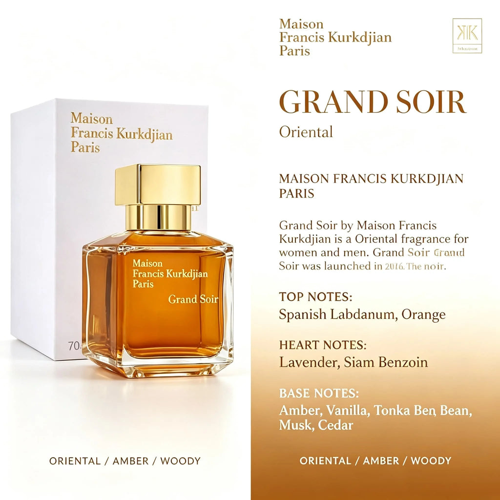 Maison Francis Kurkdjian Grand Soir Eau de Parfum 2.37a oz 70ml, amber vanilla notes last for 8-10 hours warm, deep, sweet and smooth | Top luxury choice for formal dinners/autumn/winter daily/business and social occasions