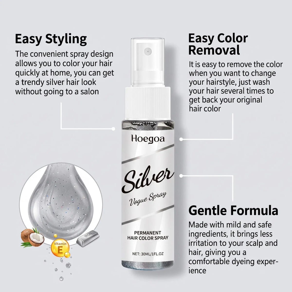Hoegoa Permanent Silver Gray Hair Color Spray Vitamin E Coconut Oil Nourishing Roots Gray Coverage Even Tone No Wash Off Quick Dry Spray