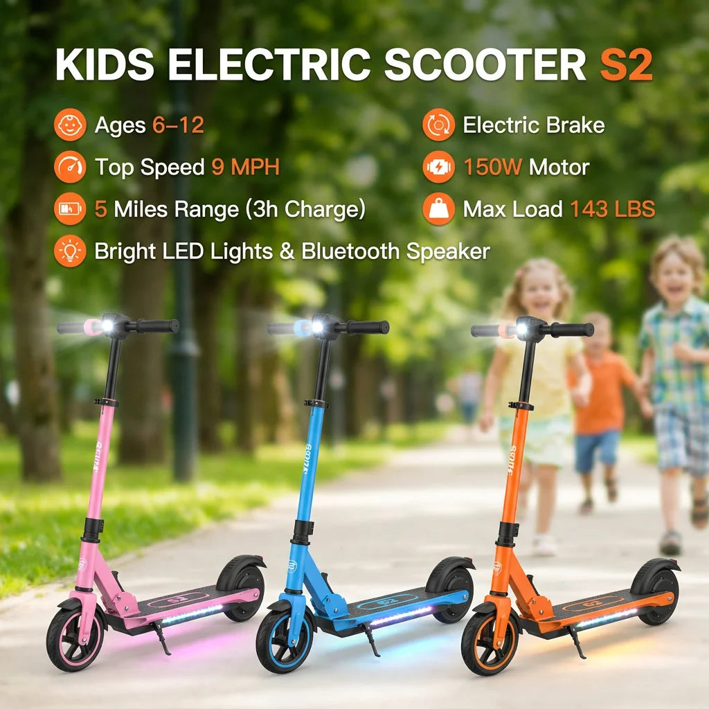 Perfect Birthday Gift! Electric Scooter for Kids Ages 6-12 Music Playing E-Scooter with Deck Lights Safe 150W Motor Fun Ride-on