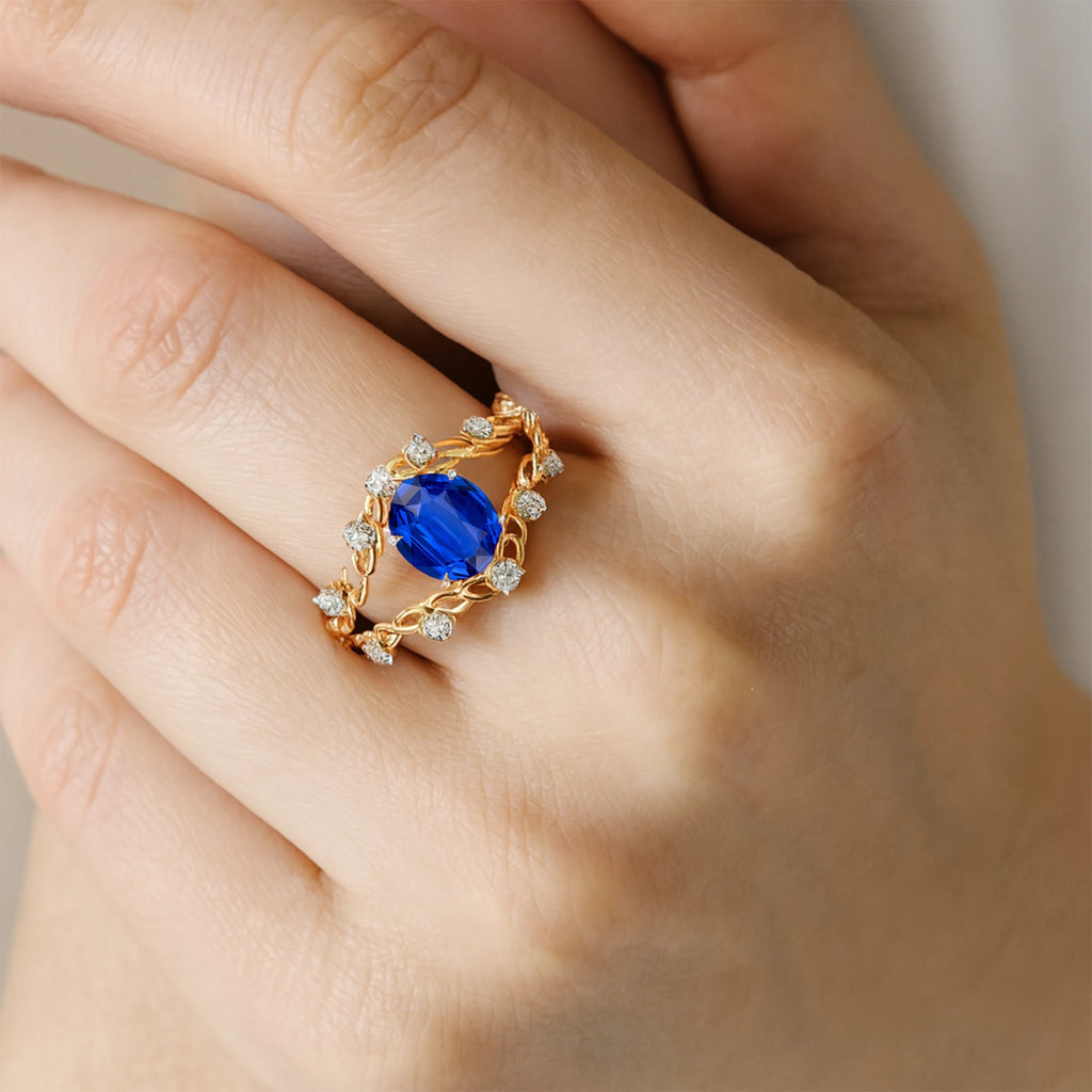 14kt Gold Lab Grown Blue Sapphire Gemstone & Real Diamonds Ring Prong Sett Split Shank Design Classic Wedding Statement Rings
