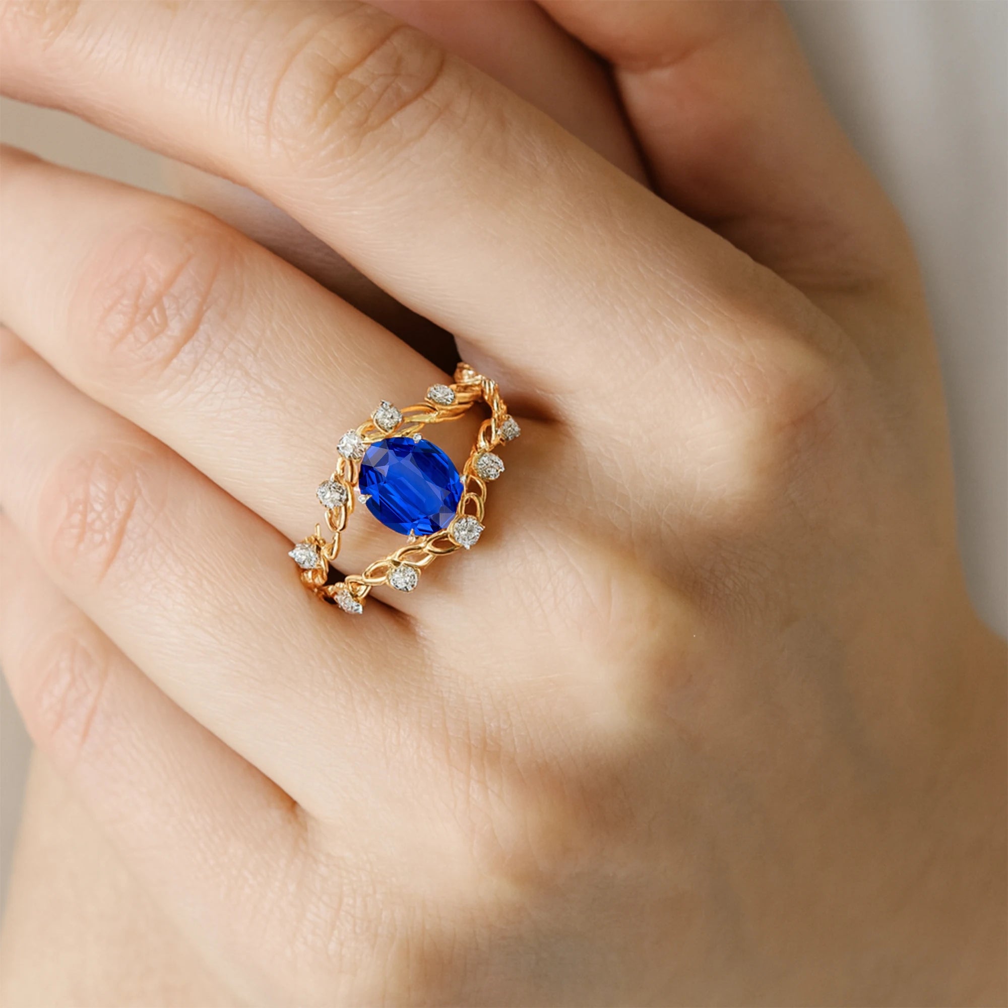14kt Gold Lab Grown Blue Sapphire Gemstone & Real Diamonds Ring Prong Sett Split Shank Design Classic Wedding Statement Rings