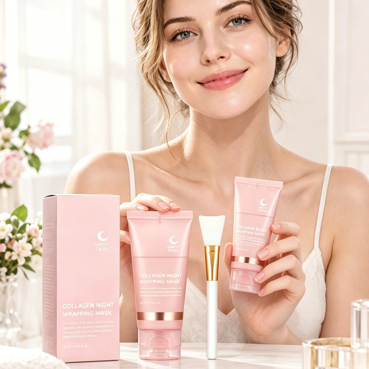 Collagen Night Wrapping Mask Deep Hydrating Firming Brightening Overnight Facial Skin Care Night Wrapping Mask with Brush 75g