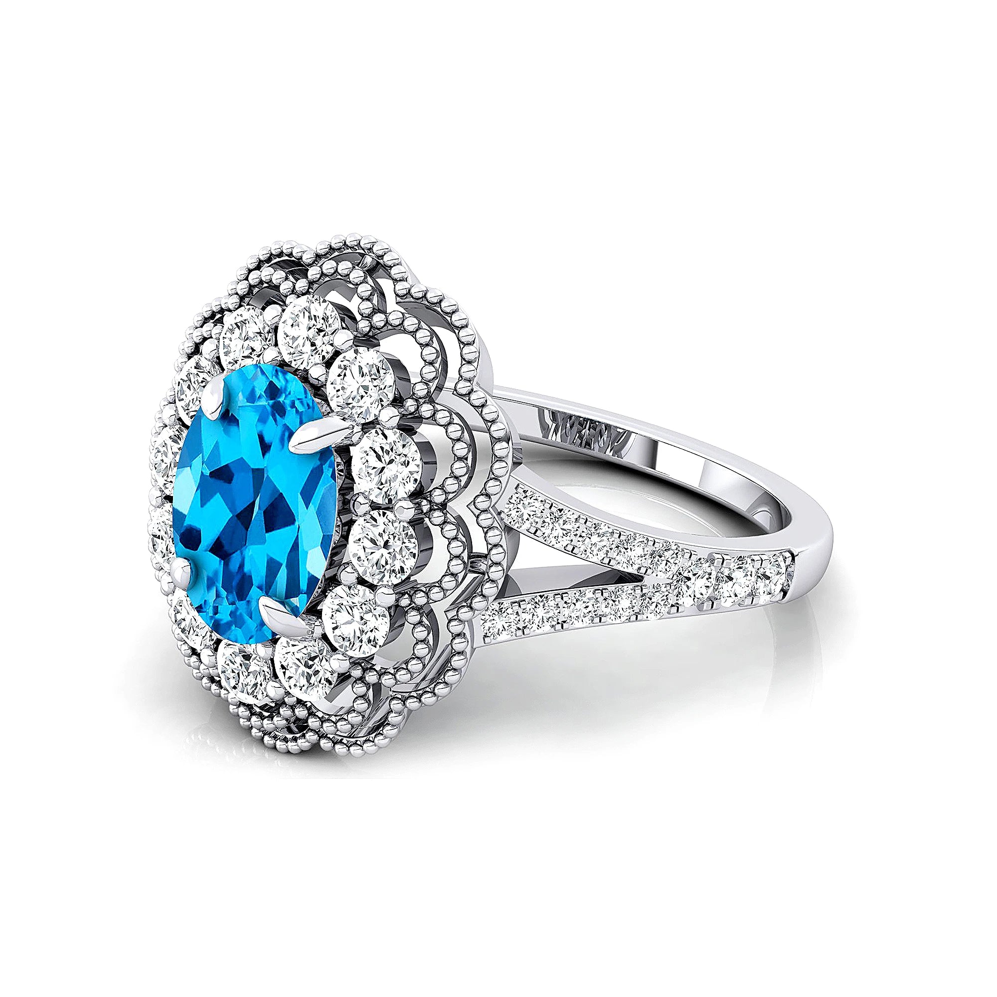 Exclusive Wedding Cluster Rings 18K Solid Gold Natural Swiss Blue Topaz Gemstone Real White Diamond Rhodium Plated Ring For Her
