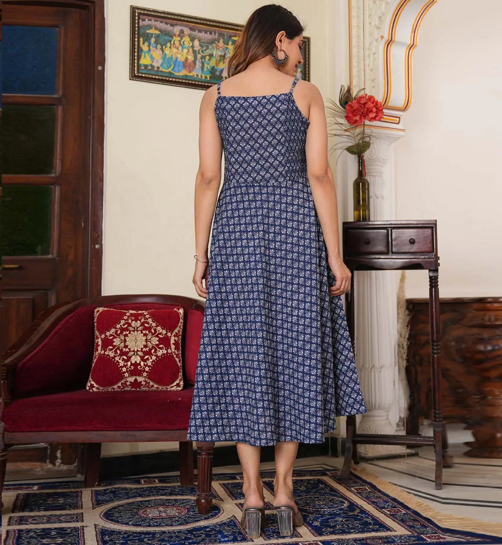 Blue Floral Printed Cotton Anarkali Dress One Set for Women Sleeveless Design square Neck Featuring Smoking Embroidery Elegant