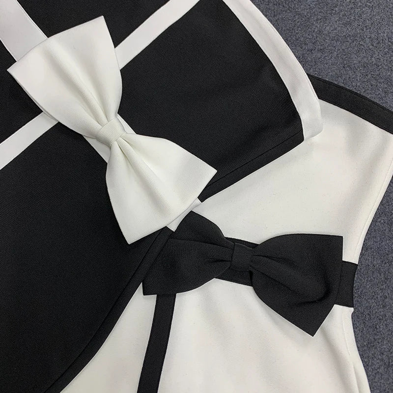 Women's Patchwork Mini Bandage Black Bow Strapless Bodycon 2023 Summer Sexy Elegant Club Celebrity Evening Party Dresses