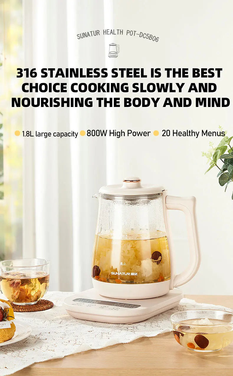 SUNATUR Kettles Electric Glass 220V Multifunction Health Pot Milk Fruit Tea Coffee Water 800W 24-hour Heat Preservation