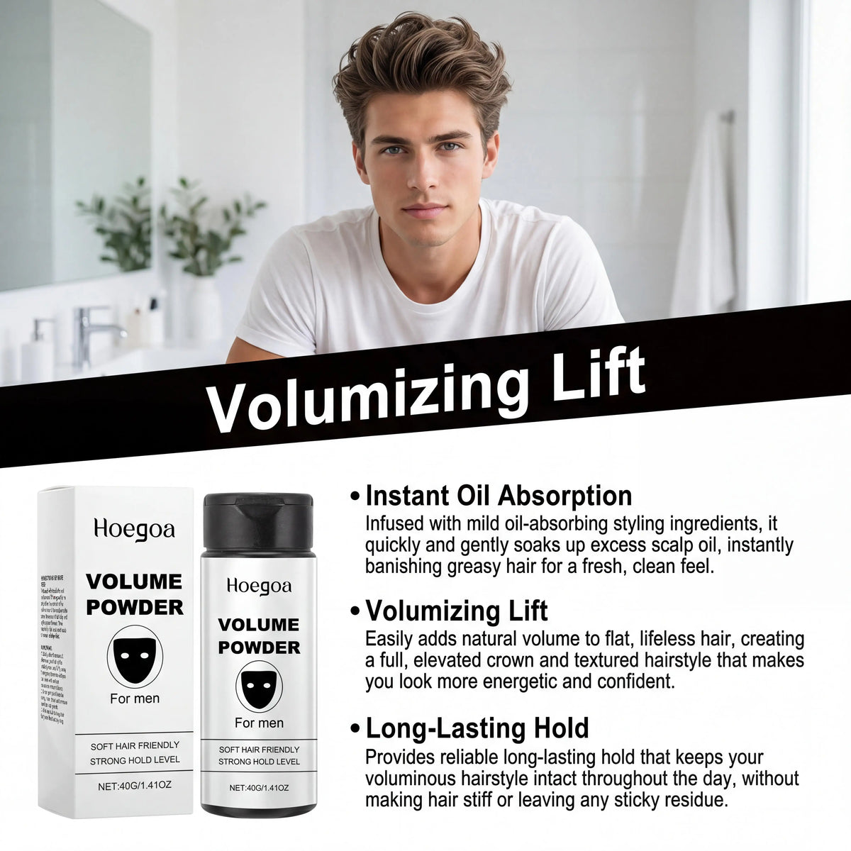 Hoegoa Men's Hair Volumizing Powder Oil Absorbing Matte Root Lift Styling Dust For Instant Volume Non Greasy Easy Application Fine Thin Hair Powder