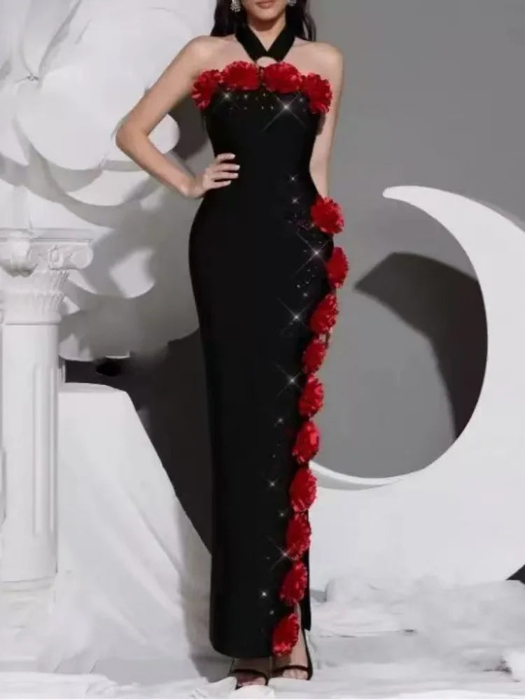 Summer 2025 Women's Fashion Hanging Neck Flower Embedded Diamond Sleeveless Long Wrap Dress Elegant Party Dress