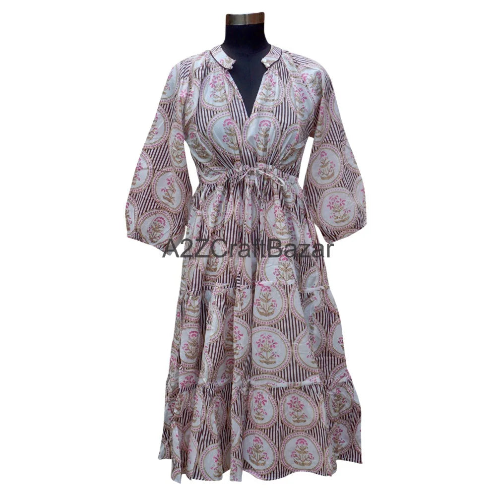 Women's Handmade Loose Casual Daily Breathable Dry Cleaning Vintage Midi Dress Block Printed Floral Pattern 3/4 Cotton Natural
