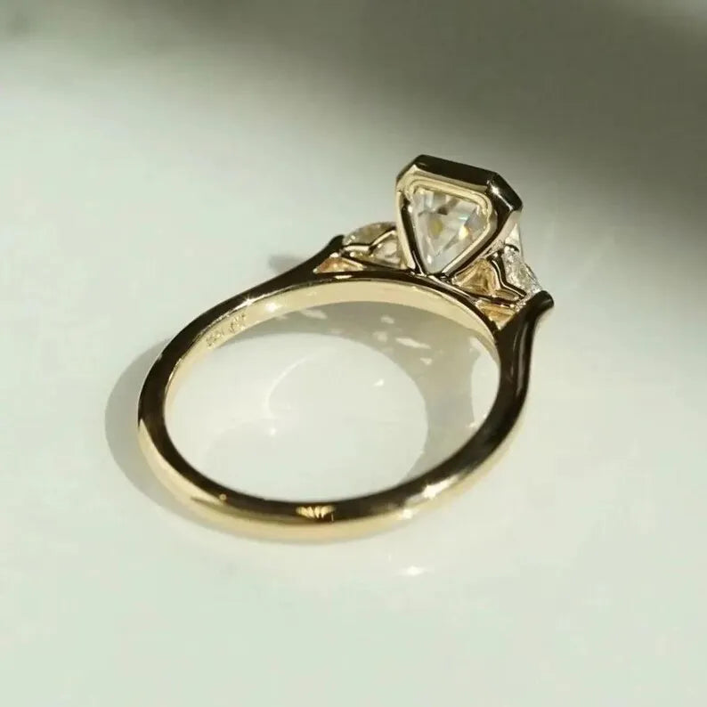 10K Yellow Gold Engagement Ring Original Moissanite 2ct Emerald Cut Fine Wedding Rings with Three Stone Prong Setting for Party