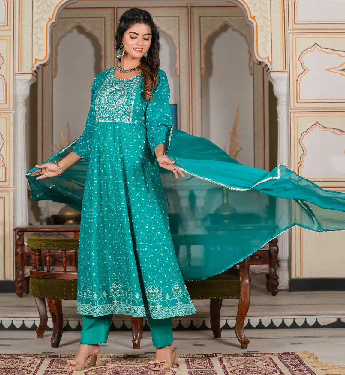 Cotton Casual Ankle-Length Floral Printed Anarkali Kurta Lehriya Printed Palazzo Dupatta for Women Eco-Friendly Quick Dry