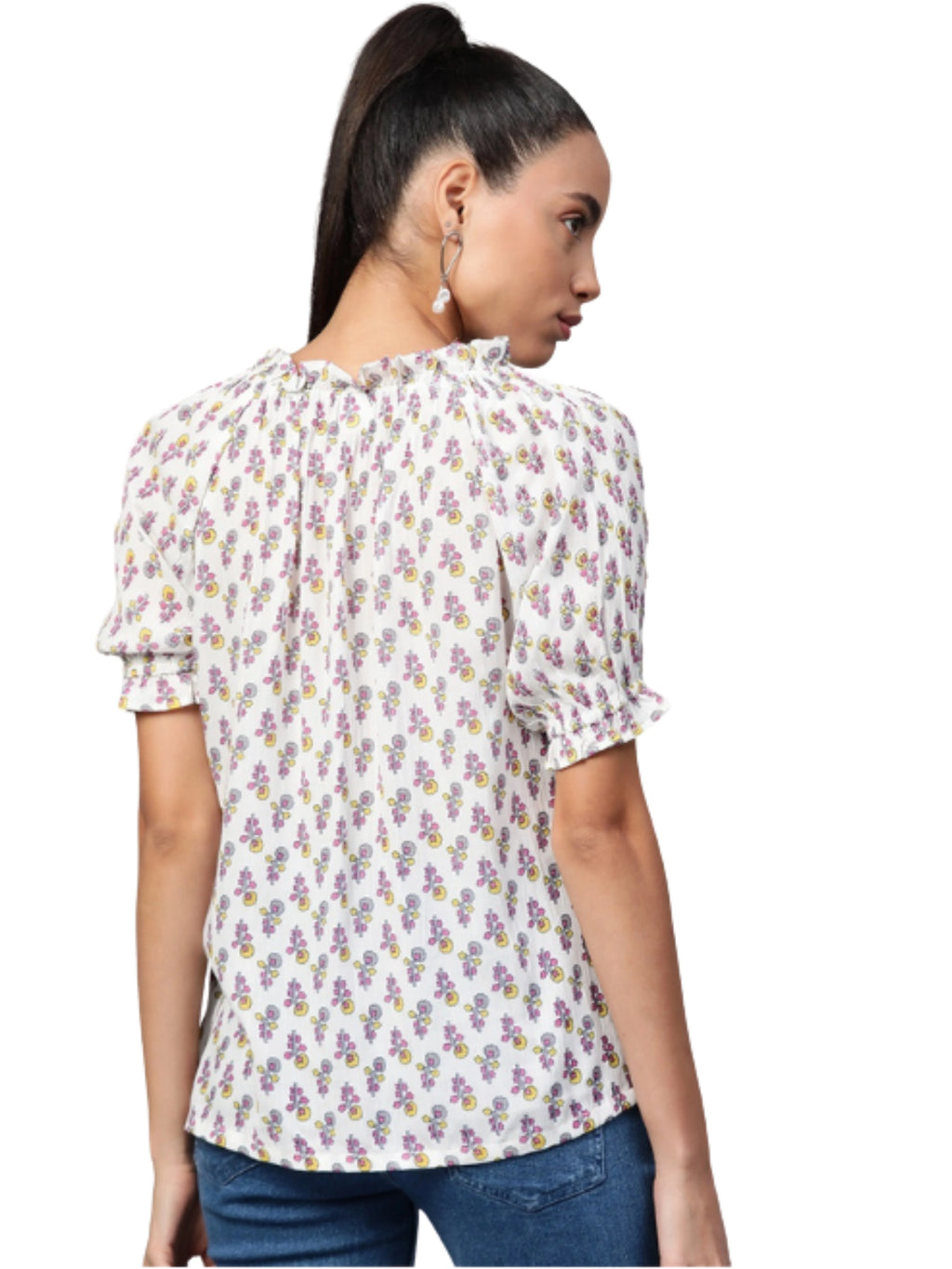 White Cotton Crepe Floral Printed Top Ruffle Frill Detail Short Sleeves Styled Simple Fit Soft Everyday Wear Look Eco-Friendly