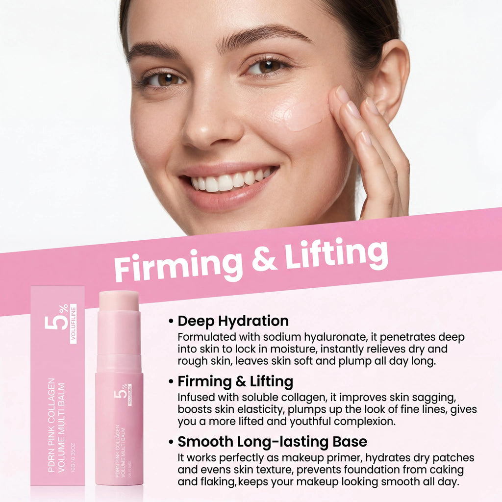 PDRN Pink Collagen Volume Multi Balm Stick Hydrating Wrinkle Balm Collagen Plumping Firming Stick for Under Eyes Neck Forehead Smile Lines Lips