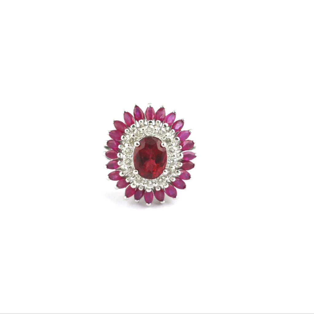 Ruby 925 Sterling Silver Flower Handmade Chunky Halo Anniversary Gemstone Ring For Women