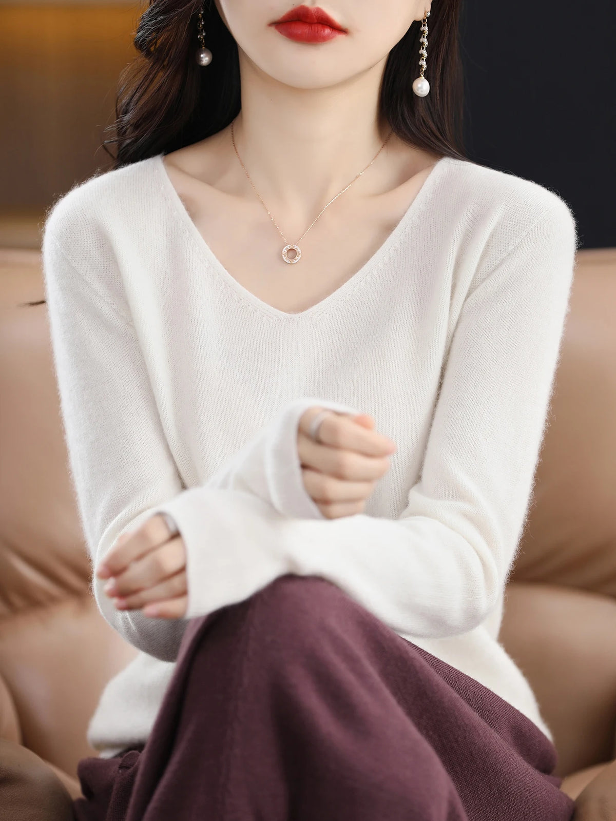 Sweater for Women 100% Merino Wool V Neck Sweater Fall Winter Basic Warm Pullovers Long Sleeve Soft Knit Jumpers Female Clothing