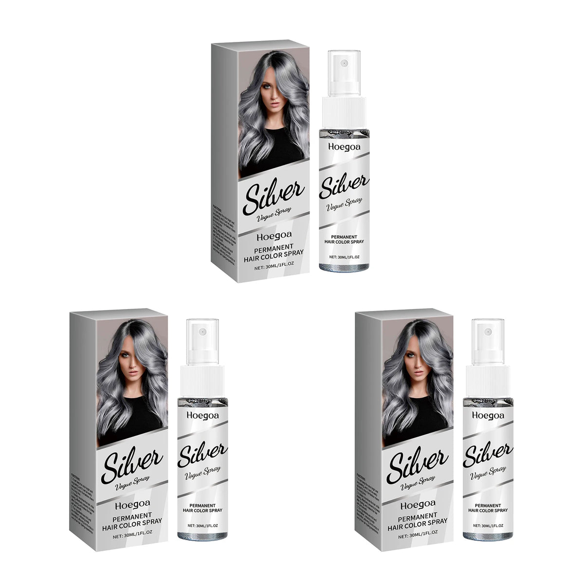 Hoegoa Permanent Silver Gray Hair Color Spray Vitamin E Coconut Oil Nourishing Roots Gray Coverage Even Tone No Wash Off Quick Dry Spray