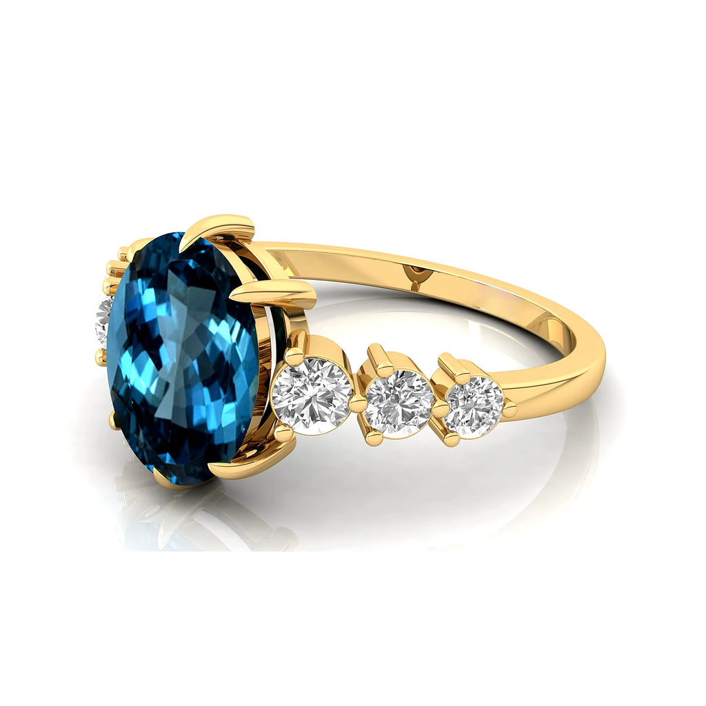 Elegant Design Oval Cut Natural London Blue Topaz Gemstone Cluster Rings in 18k Solid Gold With Real Diamonds Fine Bridal Rings