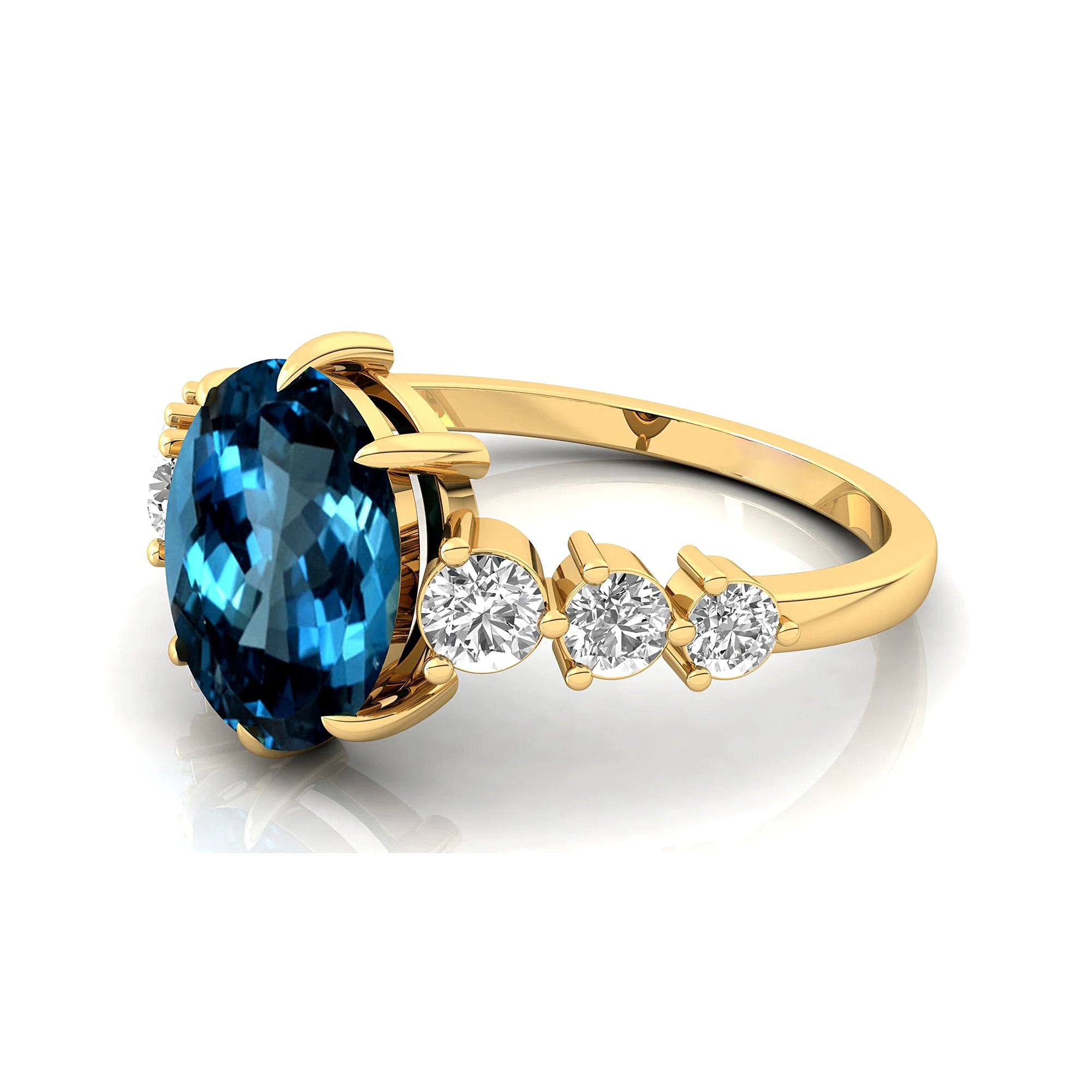 Elegant Design Oval Cut Natural London Blue Topaz Gemstone Cluster Rings in 18k Solid Gold With Real Diamonds Fine Bridal Rings