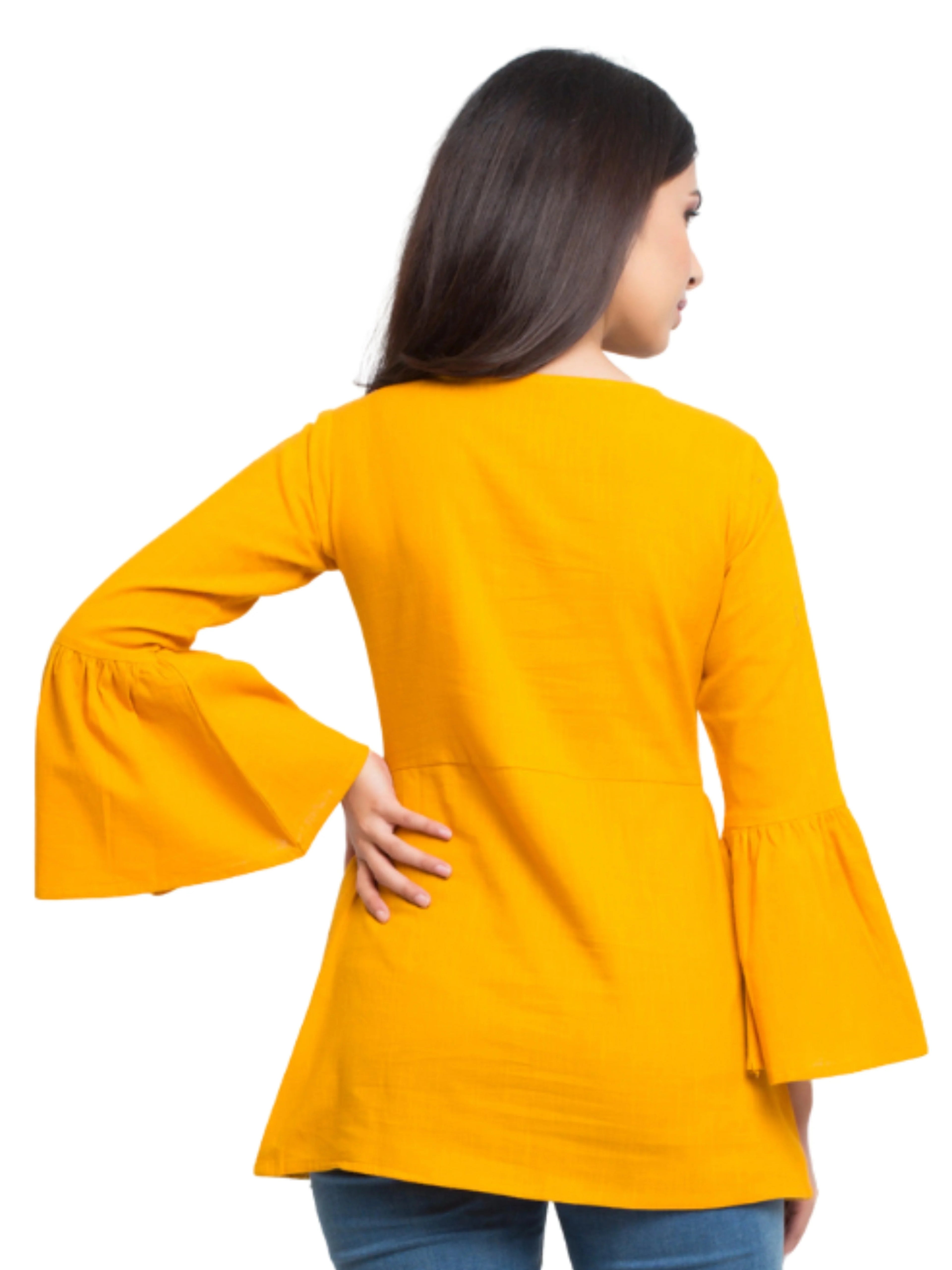 Women's best solid yellow pure cotton slub women's ready to wear bell sleeves and round neck top wholesale price latest design
