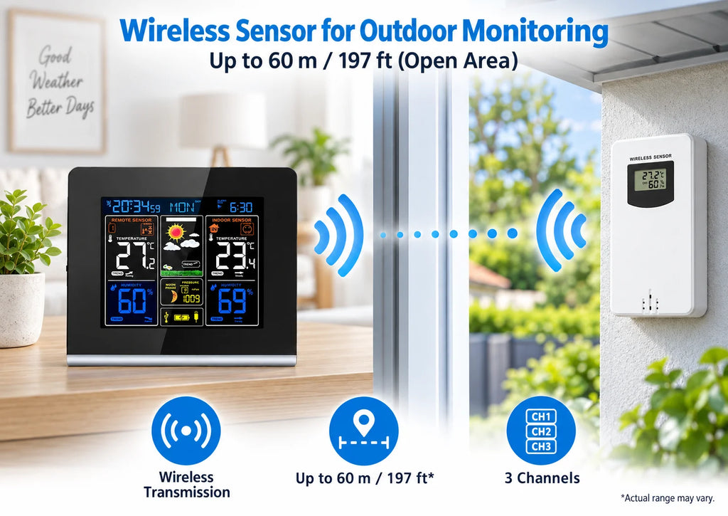FABISENSE Wireless Weather Station with Indoor Outdoor Sensor Thermometer Hygrometer, Forecast Barometer Moon Phase, USB Powered