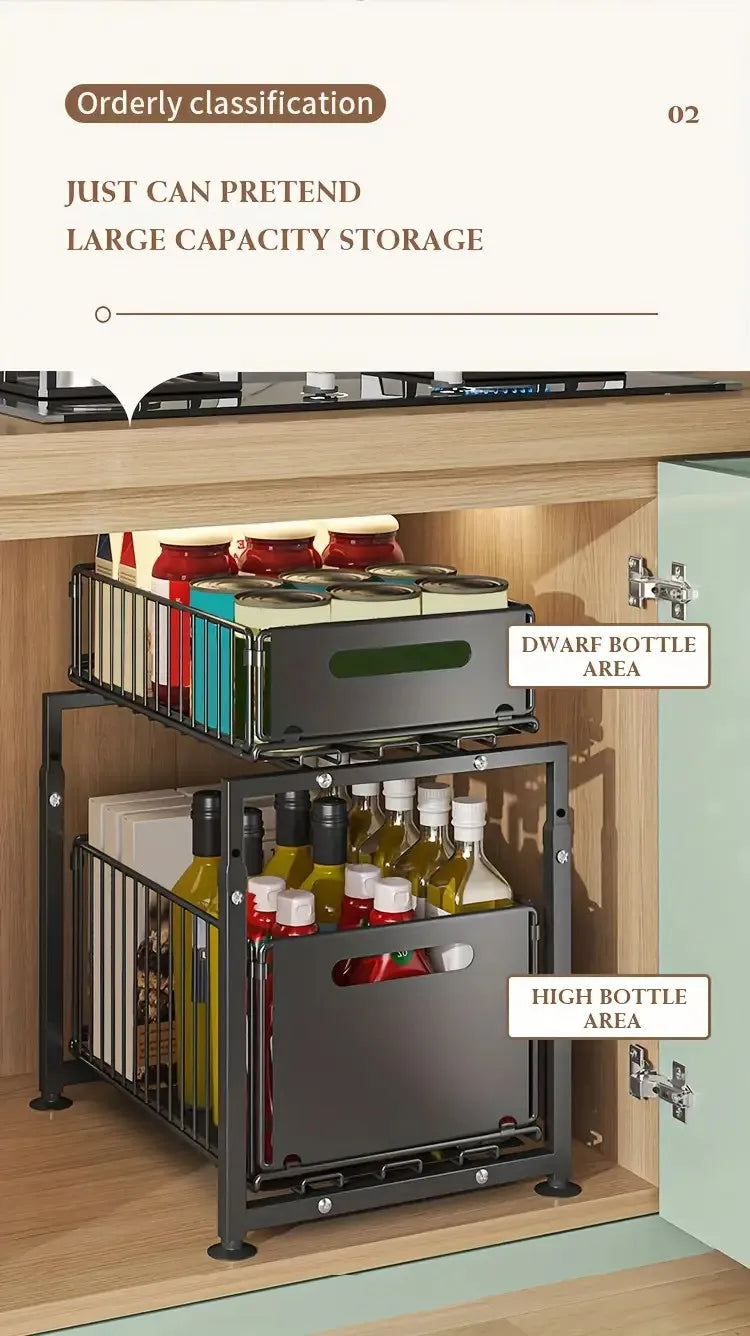 2 Tier Pull Out Cabinet Organizer Drawer Height Adjustable Kitchen Rack for Cabinet Under Sink Organizer Spice Jar Storage Shelf