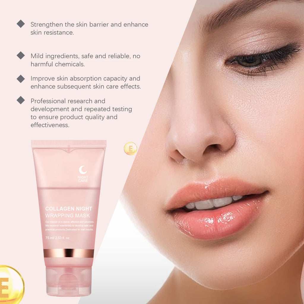 Collagen Night Wrapping Mask Deep Hydrating Firming Brightening Overnight Facial Skin Care Night Wrapping Mask with Brush 75g