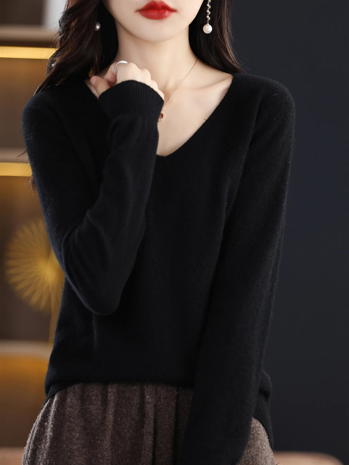 Sweater for Women 100% Merino Wool V Neck Sweater Fall Winter Basic Warm Pullovers Long Sleeve Soft Knit Jumpers Female Clothing