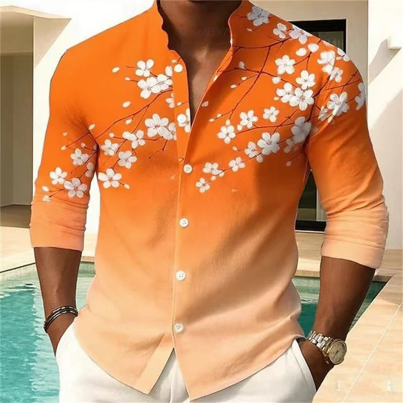 Men's floral print shirt fashion casual outdoor vacation daily spring and autumn Chinese style stand collar shirt pink blue