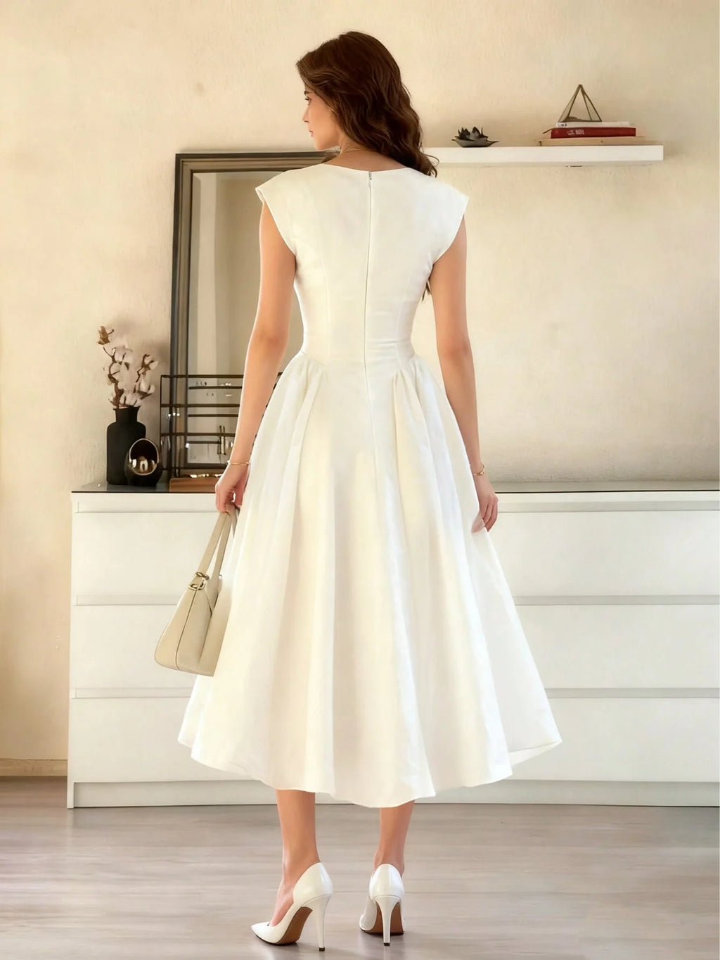 Women’s casual and stylish spring/summer new collection: white, elegant, refined, retro, romantic, long, puffy dress.