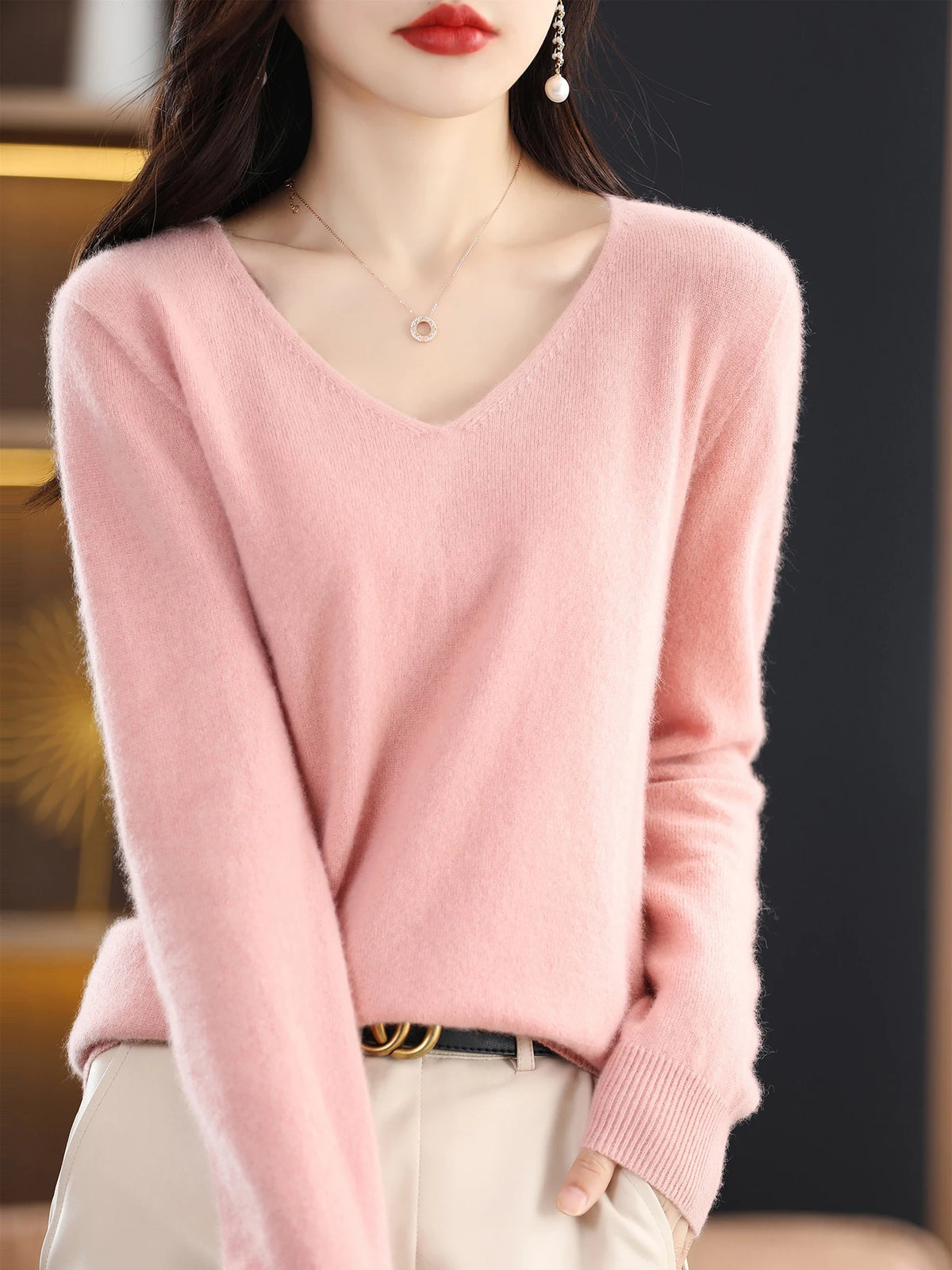 Sweater for Women 100% Merino Wool V Neck Sweater Fall Winter Basic Warm Pullovers Long Sleeve Soft Knit Jumpers Female Clothing