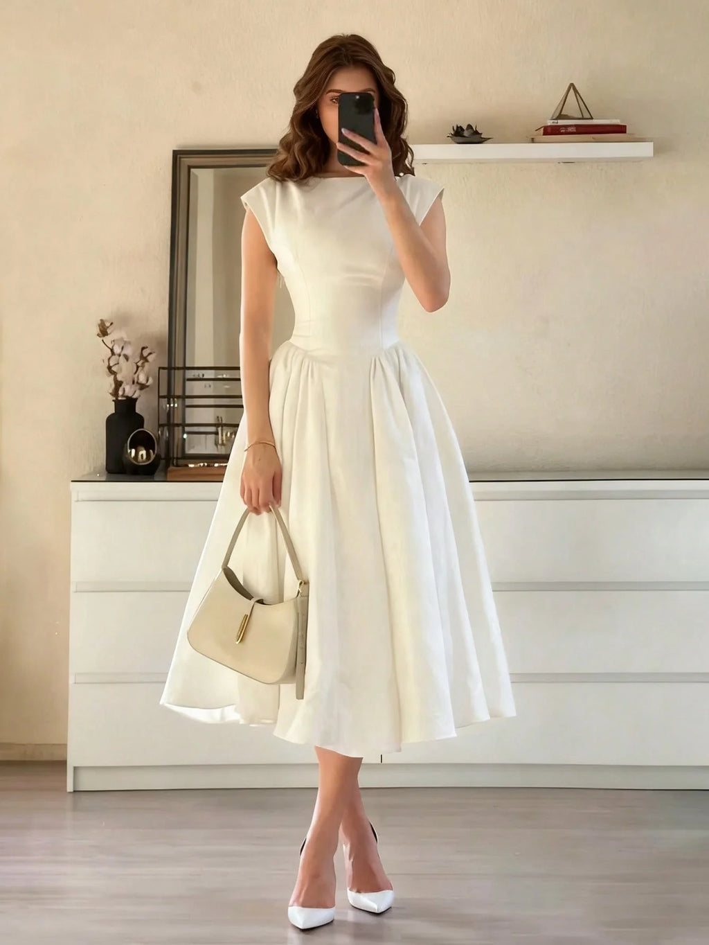 Women’s casual and stylish spring/summer new collection: white, elegant, refined, retro, romantic, long, puffy dress.