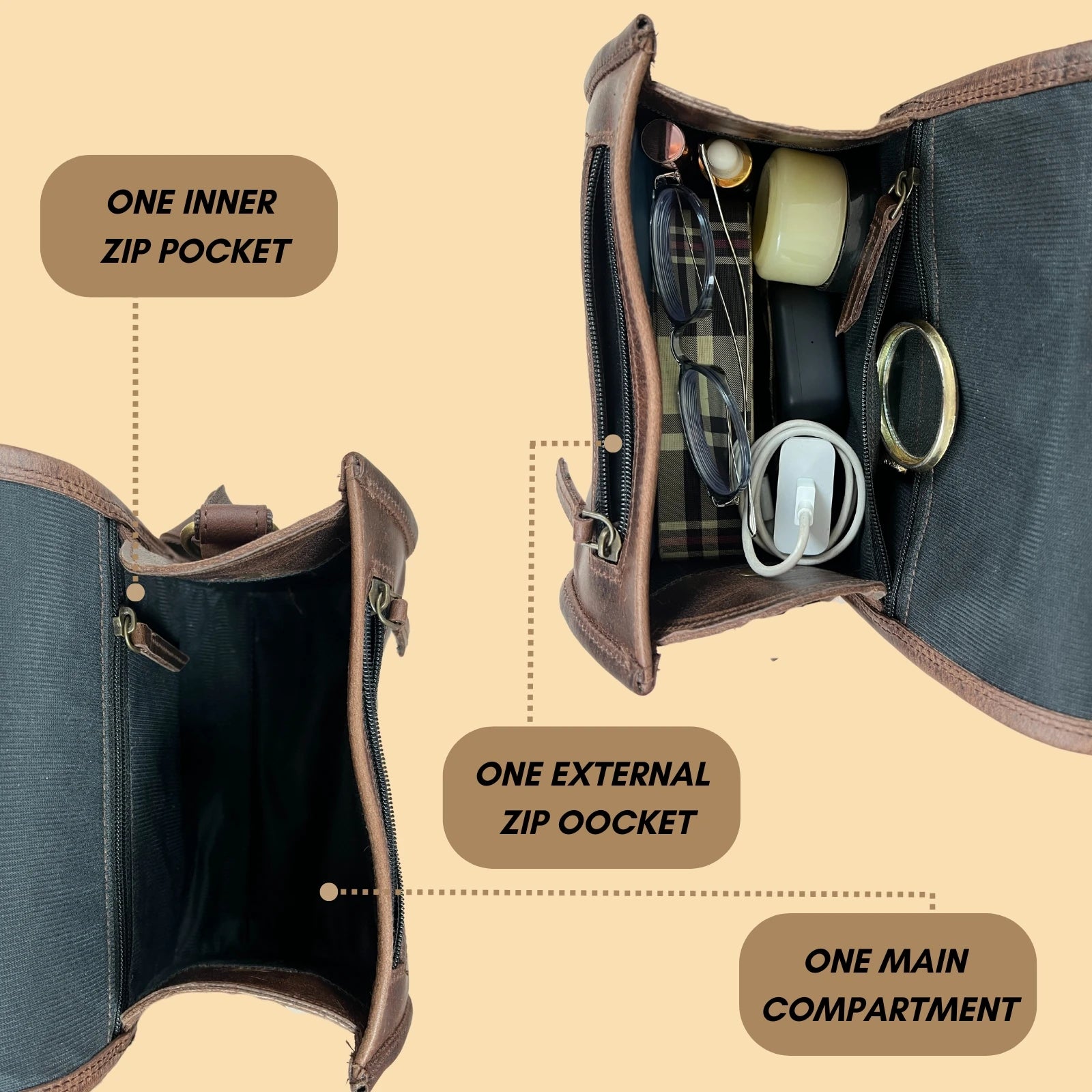 Women's Buffalo Hide Durable Lightweight Zipper Closure Small Round Brown Shoulder Crossbody Bag Sling Purse Handmade