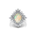 Gorgeous Ethiopian Opal Oval Cut Gemstone Real Diamonds Unique Design Halo Solitaire Rings Solid Gold Rhodium Plated Fine Party