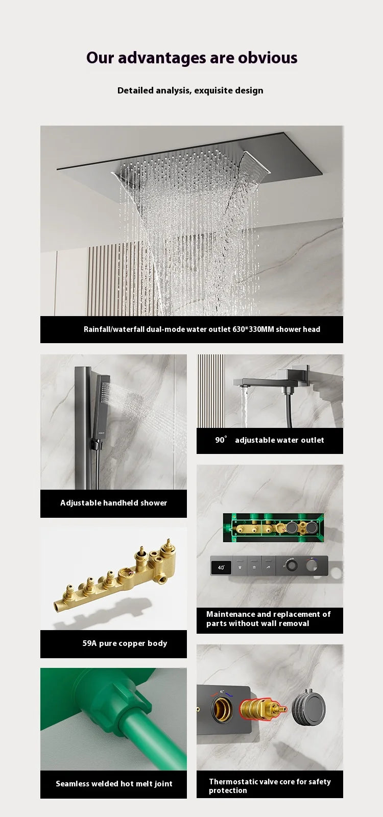 630×330mm Ceiling Thermostatic Shower System Concealed Brass Rainfall Waterfall 4 Function Digital Display Anti-Scald Bathroom S