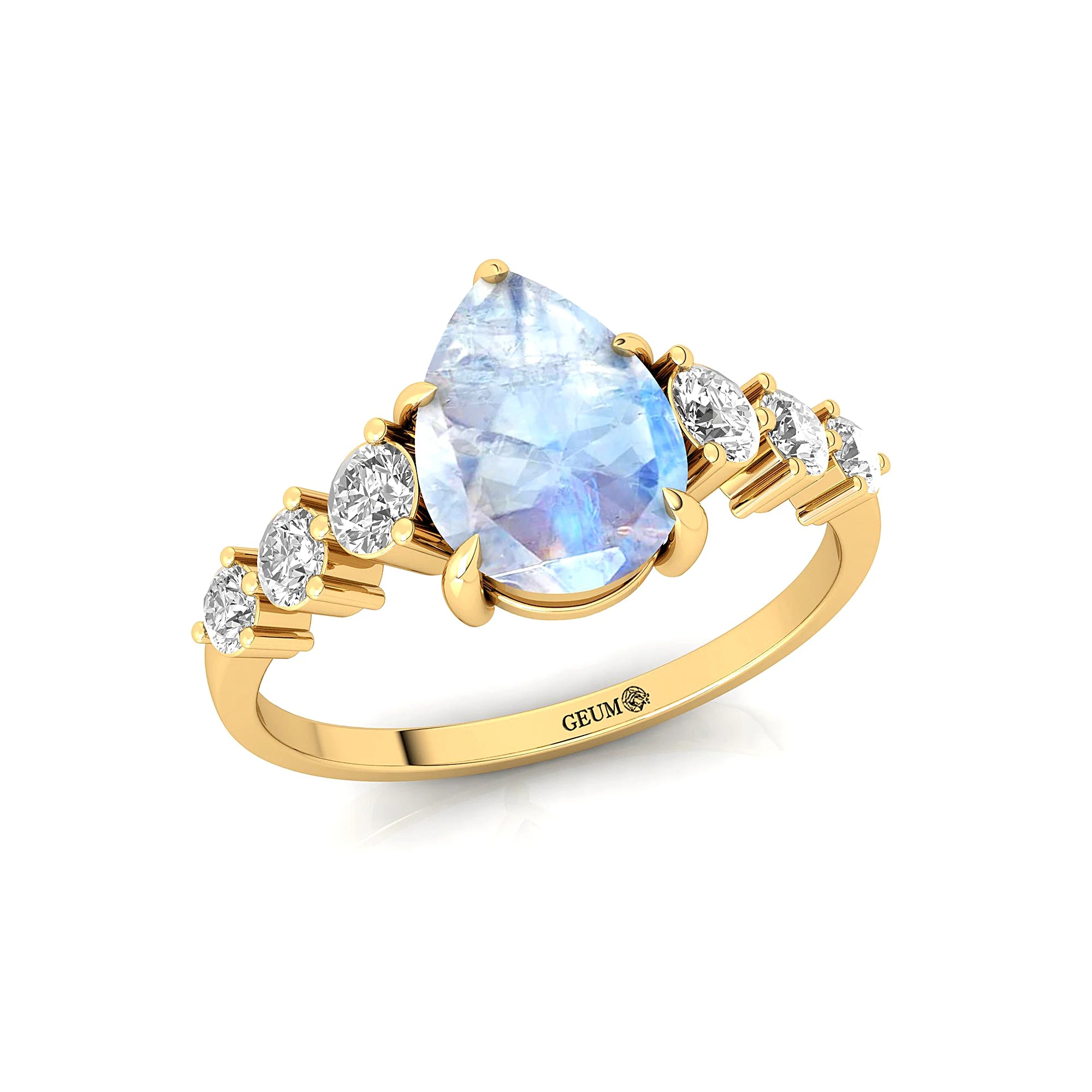 Fabulous Pear Shape Natural Rainbow Moonstone Gemstone Bridal Cluster Rings in 18k Solid Gold with Round Cut Real Diamonds Ring