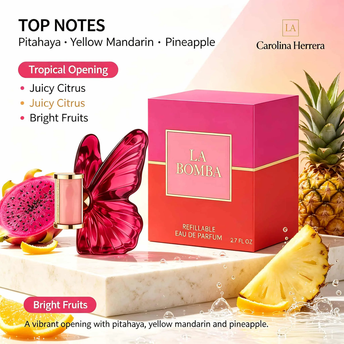 Carolina Herrera La Bomba Tropical Flower and Fruit perfume, 2.7 oz. 80 ml, tropical fruit fragrance+floral opening vanilla+patchouli middle note warm wood finish | daily commuting/weekend outing/birthday/holiday gifts