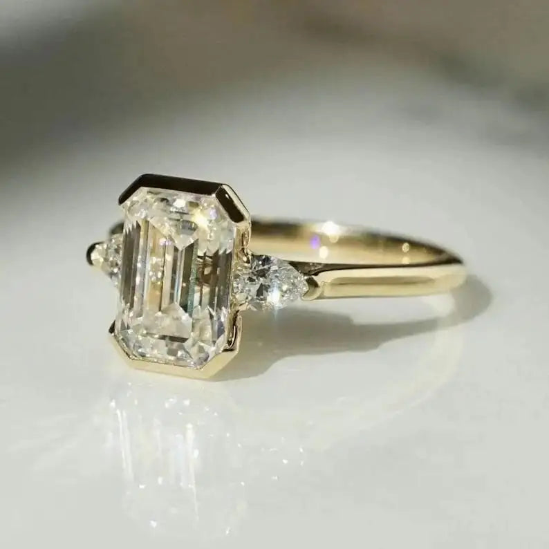 10K Yellow Gold Engagement Ring Original Moissanite 2ct Emerald Cut Fine Wedding Rings with Three Stone Prong Setting for Party