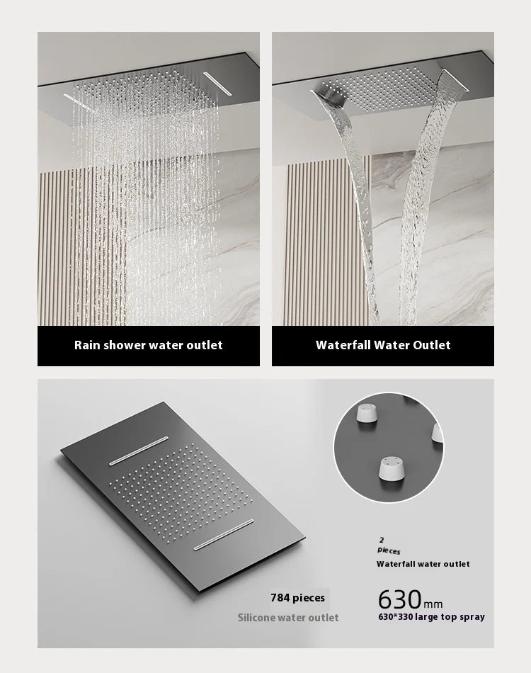 630×330mm Ceiling Thermostatic Shower System Concealed Brass Rainfall Waterfall 4 Function Digital Display Anti-Scald Bathroom S