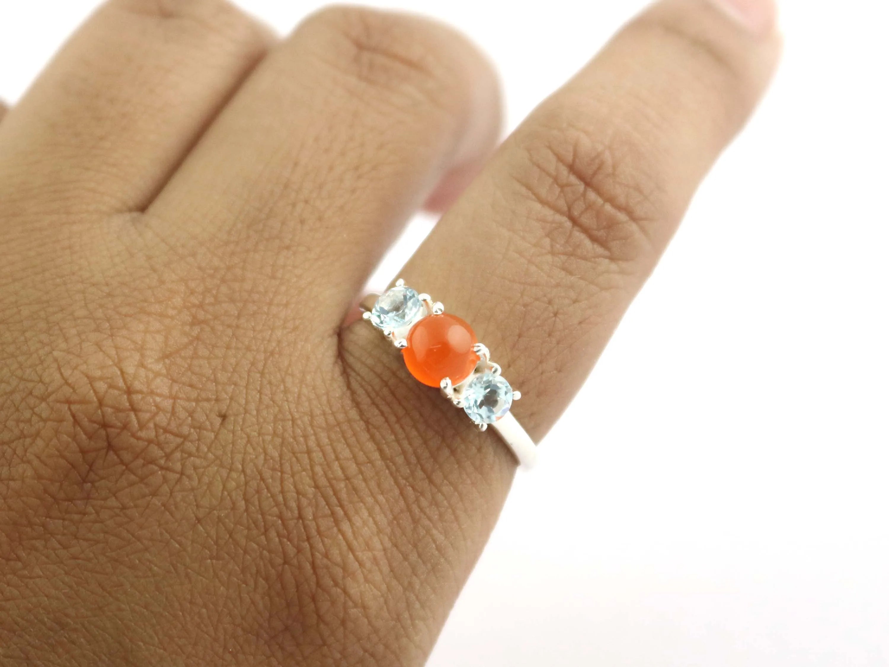 Blue Topaz 925 Sterling Silver with Carnelian Gemstone Prong Set Stackable Dainty Ring For Women