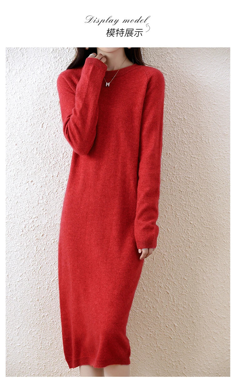 Cashmere Sweater Knitted Dresses 100% Merino Wool Women's Winter Female Elegant Pullovers Dress Autumn Casual Long Sleeve Skirts