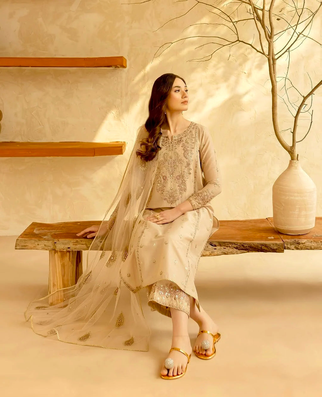 Women Vintage Designer Beige Embroidered Kurta Pant Dupatta Set Premium Festive Ethnic Wear All Seasons