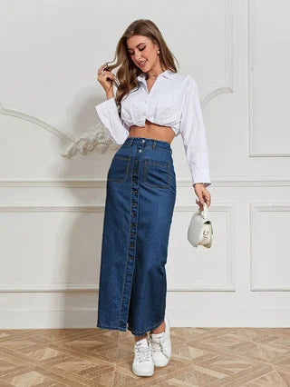 Women's Blue Stretch Denim Long Skirt With Multi-Breasted Details Slim And Sexy Style Casual And Fashionable Long Denim Skirt  F