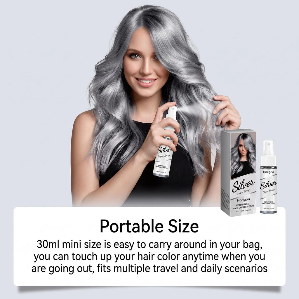 Hoegoa Permanent Silver Gray Hair Color Spray Vitamin E Coconut Oil Nourishing Roots Gray Coverage Even Tone No Wash Off Quick Dry Spray
