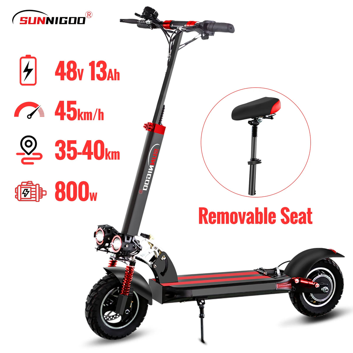 SUNNIGOO Electric Scooter for Adults With NFC Lock 48v 800w Powerful Motor Send Seat Foldable Scooter 15ah 55km Long Range