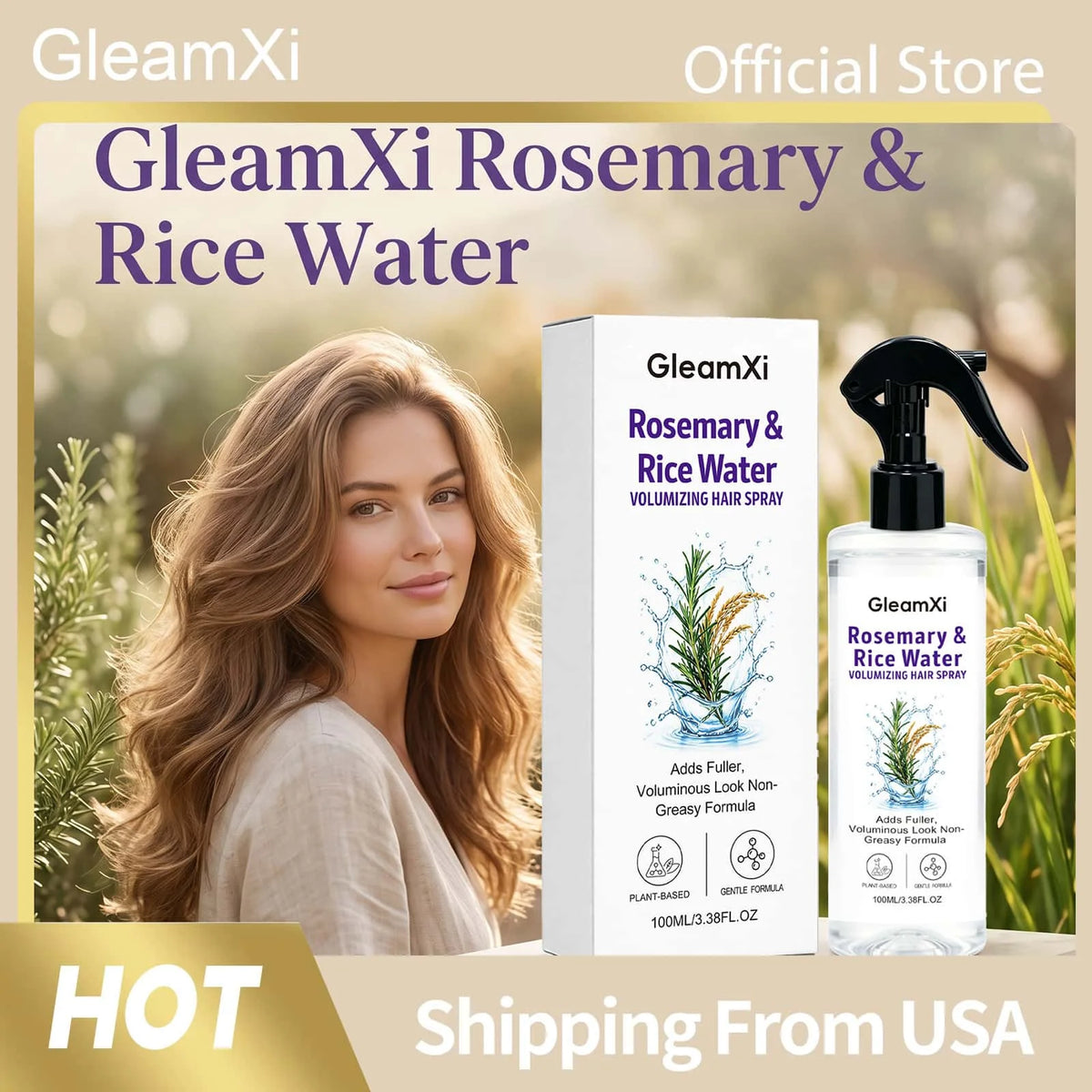 GleamXi Rosemary Rice Water Hair Care Spray Nourishing Strengthening Non-Greasy Volumizing Gentle Formula Shine Boosting Hair Mist
